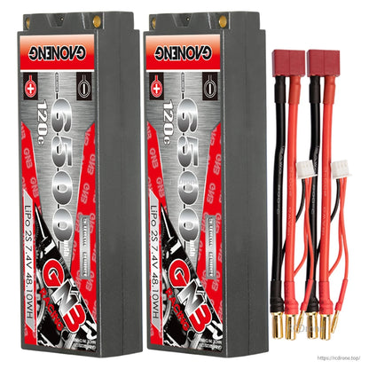 Two-pack GNB 6500mAh 120C hard case LiPo batteries with two red Deans/T-style plug leads