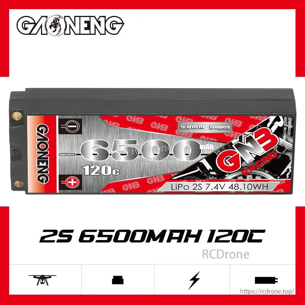 GAONENG GNB 2S 6500mAh 120C hard case LiPo battery graphic showing side label