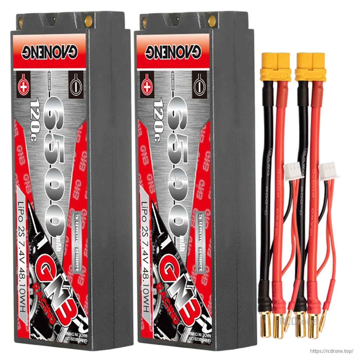 Two-pack GNB 6500mAh 120C hard case LiPo batteries with two XT60 leads and 5mm bullets