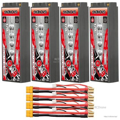 Four-pack GNB 6500mAh 120C hard case LiPo batteries with four XT60 leads and 5mm bullets