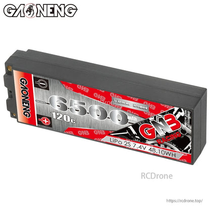Side view of GAONENG GNB 6500mAh 120C LiPo 2S 7.4V hard case battery label close-up