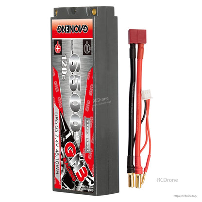 GNB 6500mAh 120C hard case LiPo battery with red Deans/T-style plug lead, balance lead, 5mm bullets