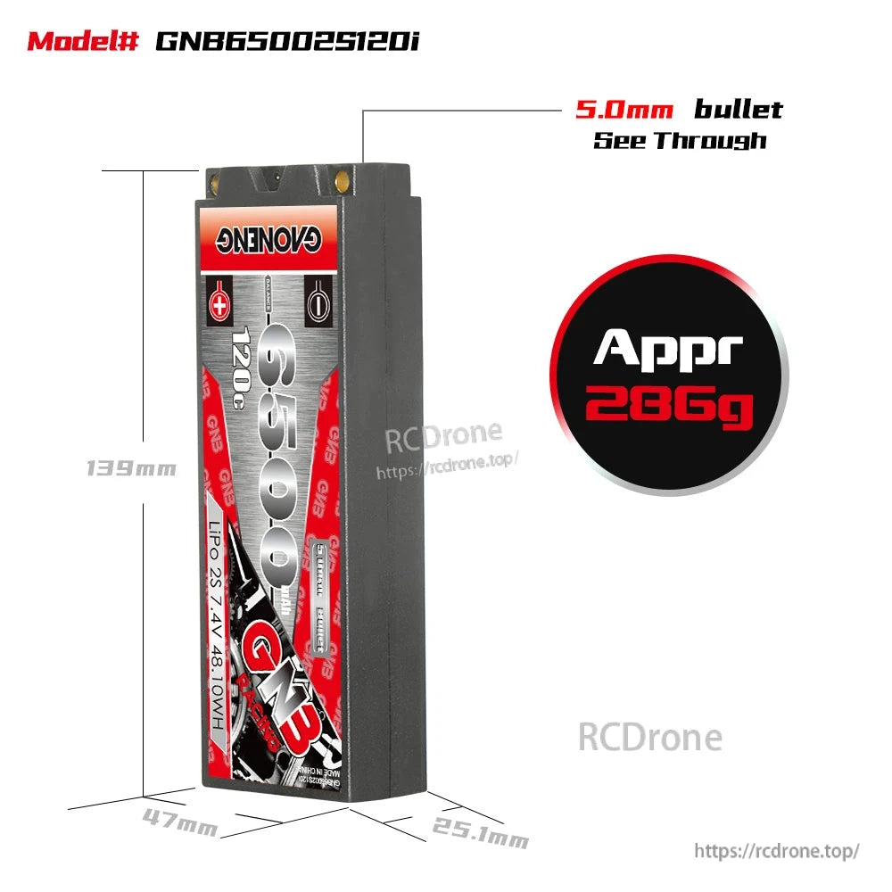 GNB65002S120i dimensions graphic with approx 266g weight and 5.0mm bullet see-through note
