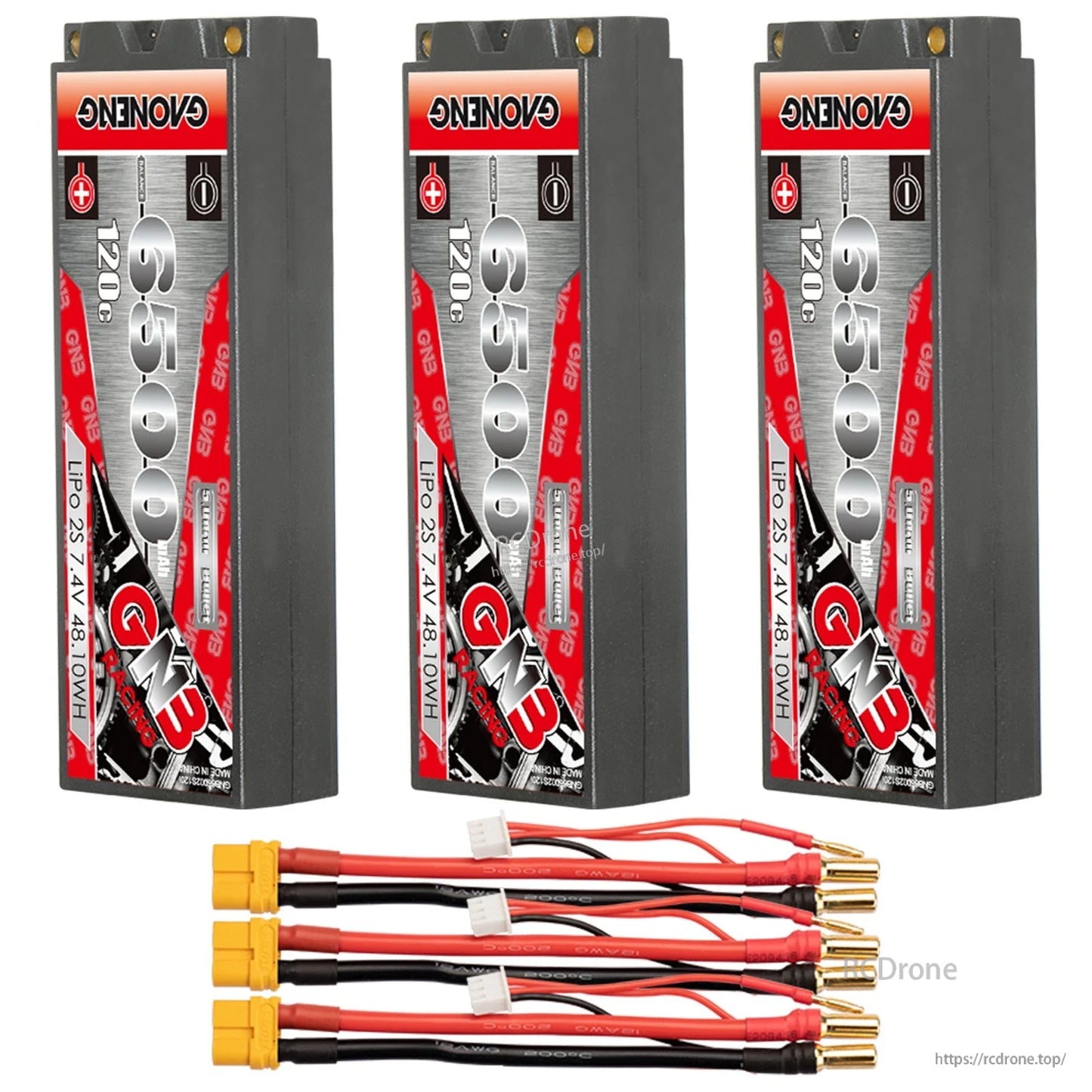 Three-pack GNB 6500mAh 120C hard case LiPo batteries with three XT60 leads and 5mm bullets