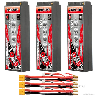 Three-pack GNB 6500mAh 120C hard case LiPo batteries with three XT60 leads and 5mm bullets