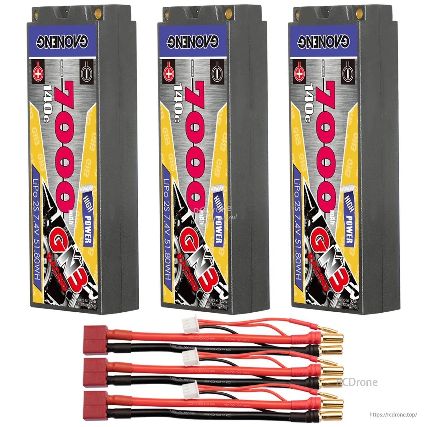Three-pack set with Deans/T plug leads: three GNB hard case LiPo batteries and three lead harnesses