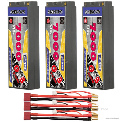 Three-pack set with Deans/T plug leads: three GNB hard case LiPo batteries and three lead harnesses