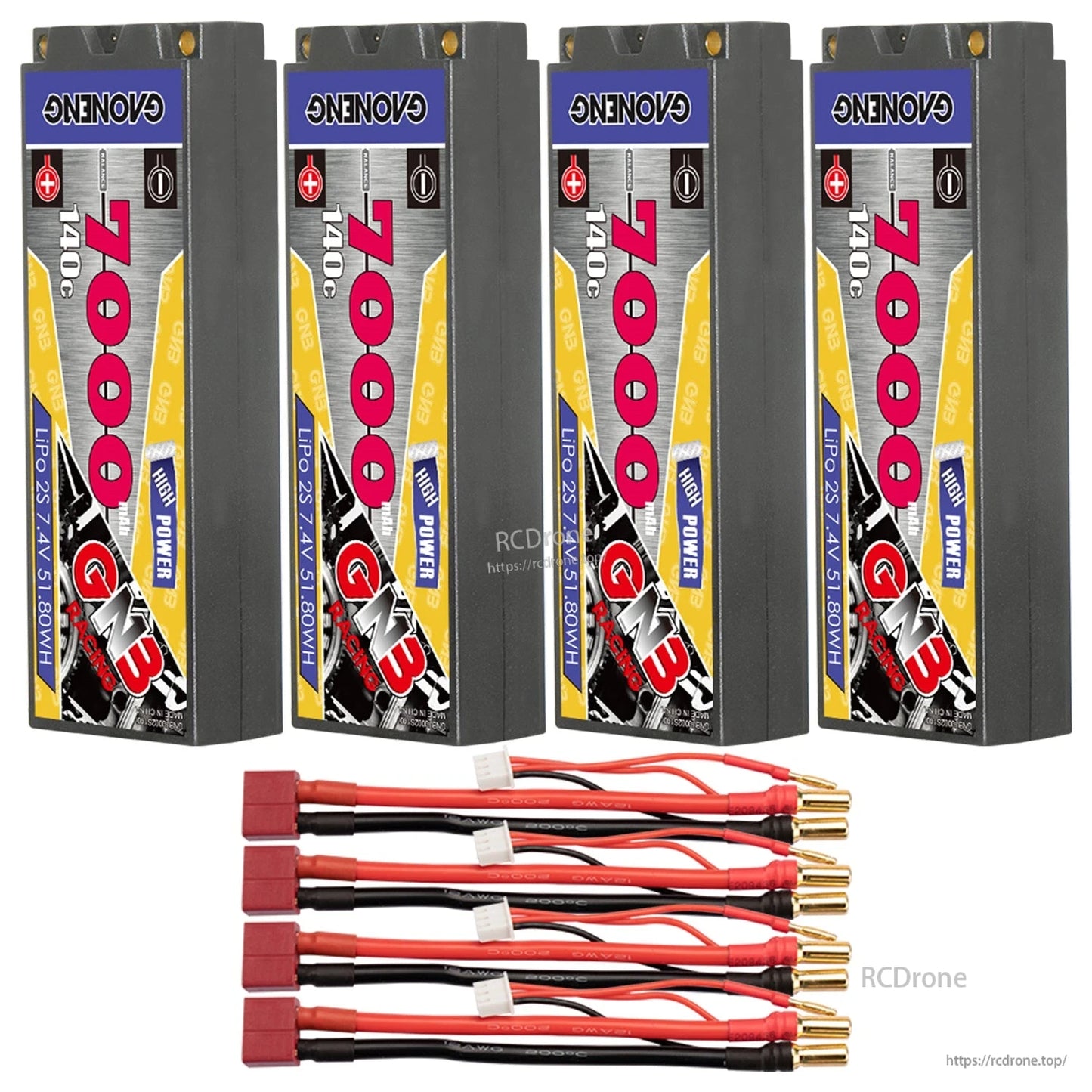 Four-pack set with Deans/T plug leads: four GNB hard case LiPo batteries and four lead harnesses