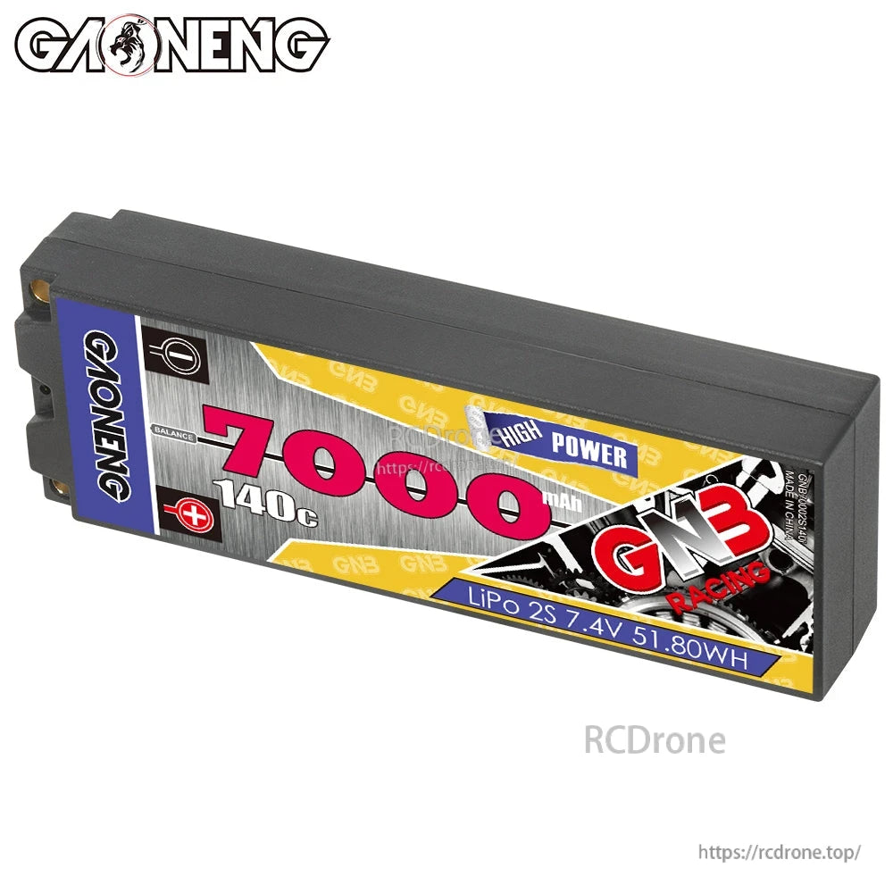 Angled view of GNB hard case LiPo battery showing 7000mAh and 140C branding on label