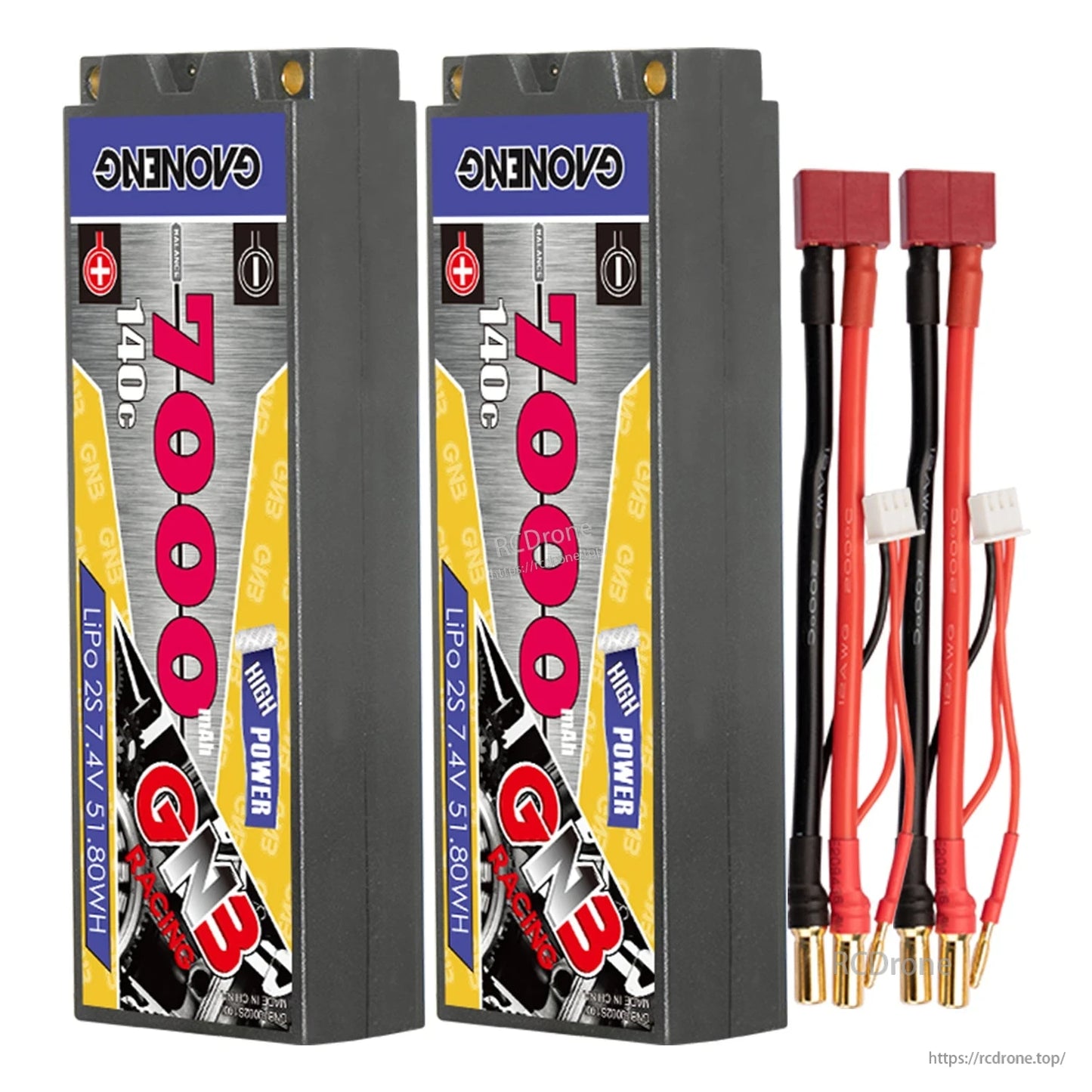 Two-pack set with Deans/T plug leads: two GNB hard case LiPo batteries and two lead harnesses