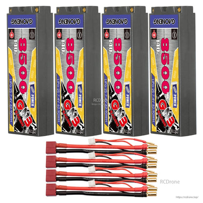 Four hard case battery packs with four red plug adapter leads and 5mm bullet connectors