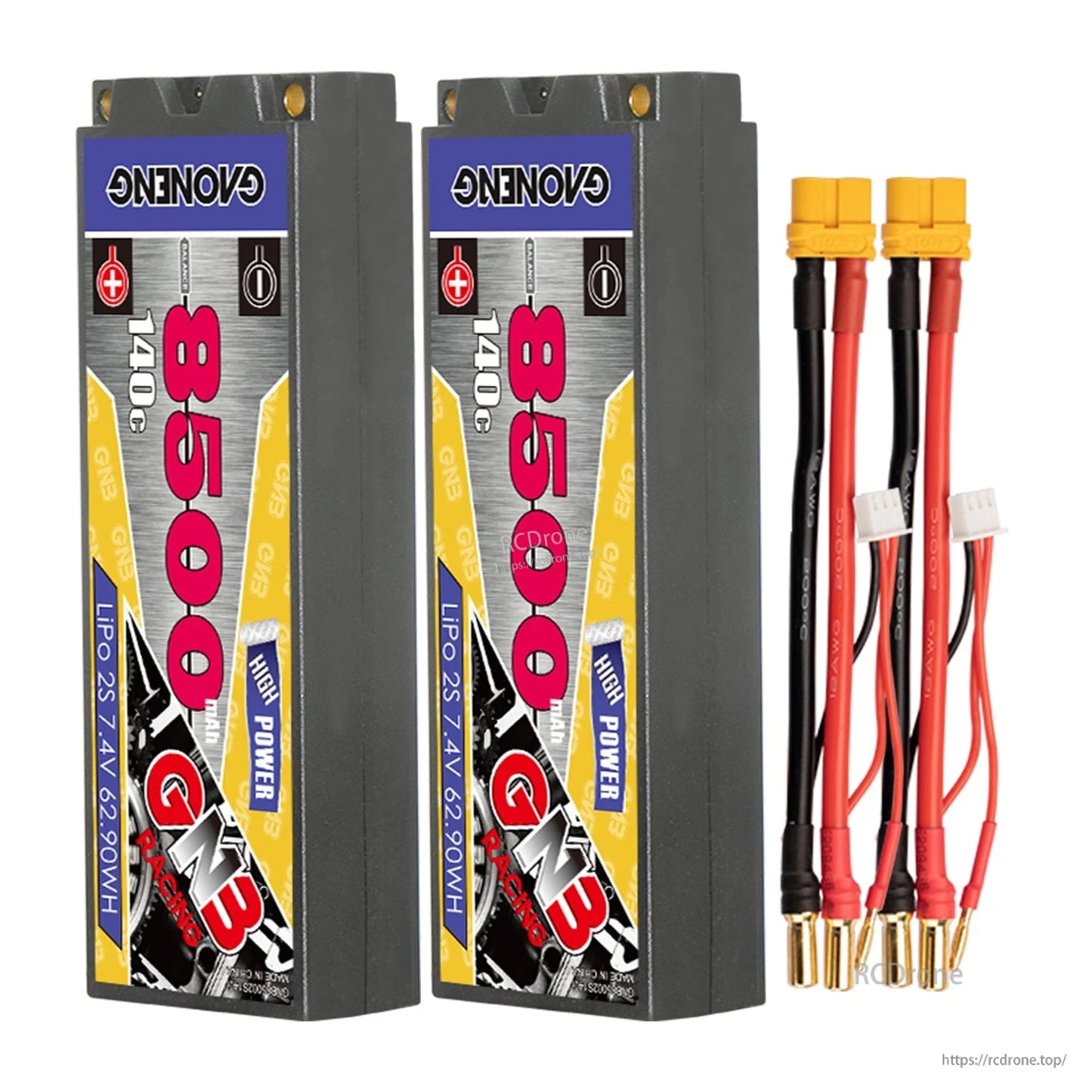 Two hard case 8500mAh battery packs with two yellow-plug adapter leads and 5mm bullets