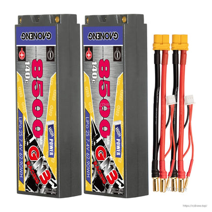 Two hard case 8500mAh battery packs with two yellow-plug adapter leads and 5mm bullets