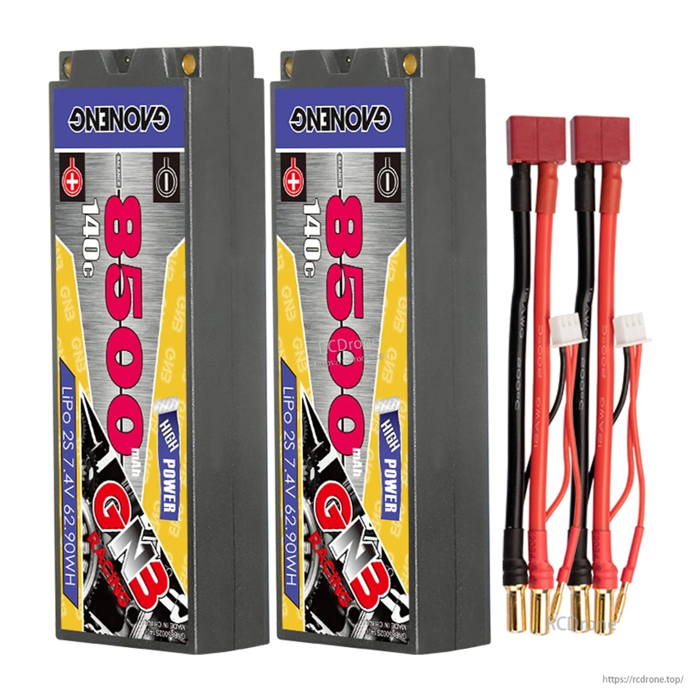 Two hard case battery packs with two red plug adapter leads and 5mm bullet ends