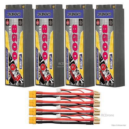 Four hard case battery packs with four yellow-plug adapter leads and 5mm bullets