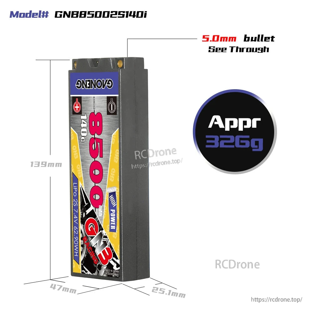 GNB85002S140i battery size diagram with measurements and approximate 326g weight callout