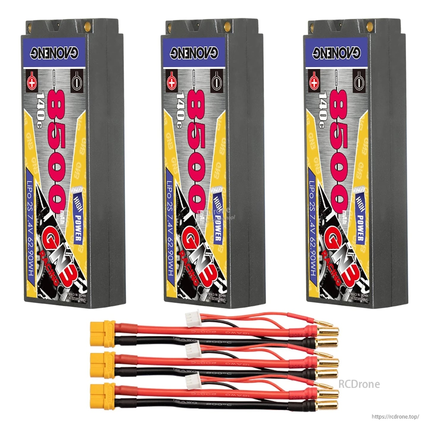 Three hard case battery packs with three yellow-plug adapter leads and 5mm bullet ends