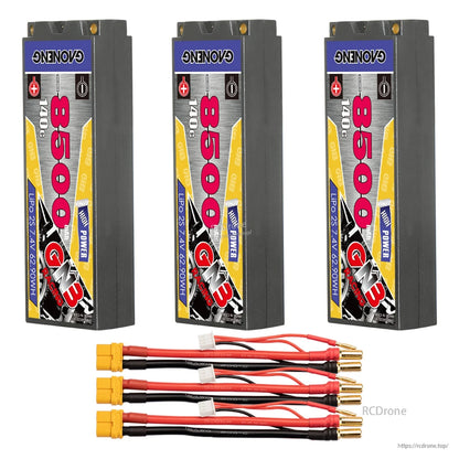 Three hard case battery packs with three yellow-plug adapter leads and 5mm bullet ends