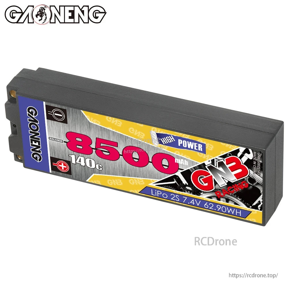 Angled view of GAONENG GNB hard case battery showing 8500mAh 140C label