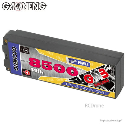 Angled view of GAONENG GNB hard case battery showing 8500mAh 140C label