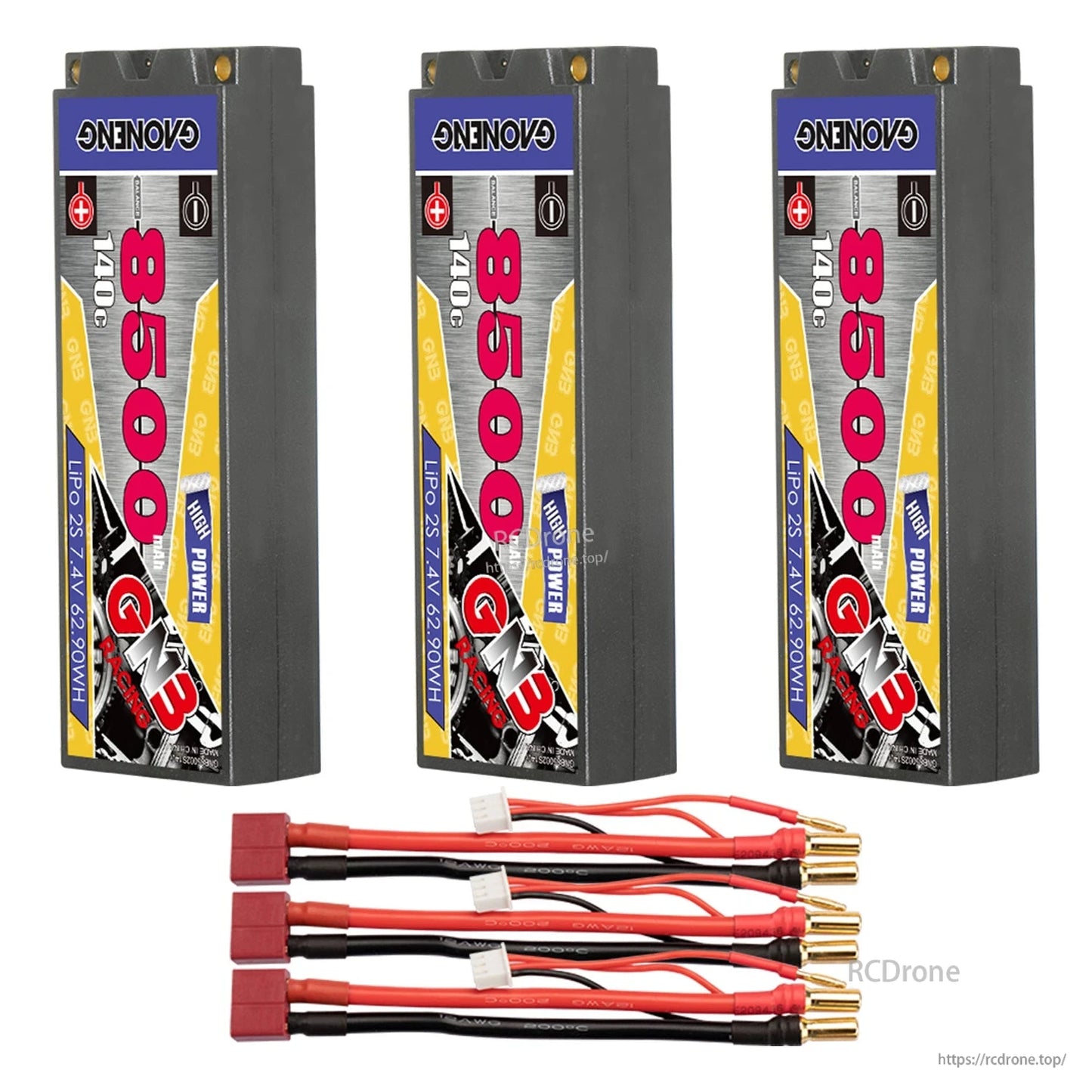 Three hard case battery packs with three red plug adapter leads and 5mm bullet ends