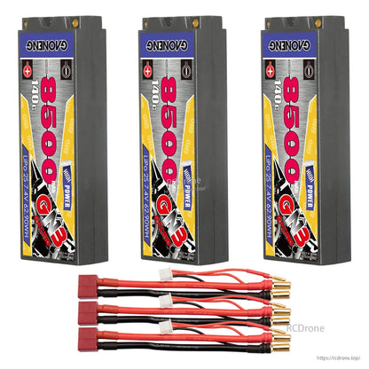 Three hard case battery packs with three red plug adapter leads and 5mm bullet ends