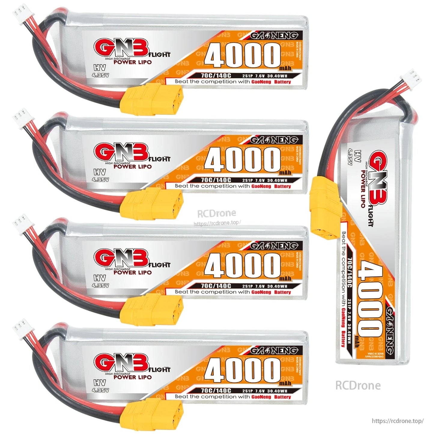 Four horizontal and one vertical 4000mAh 2S LiHV LiPo batteries grouped together