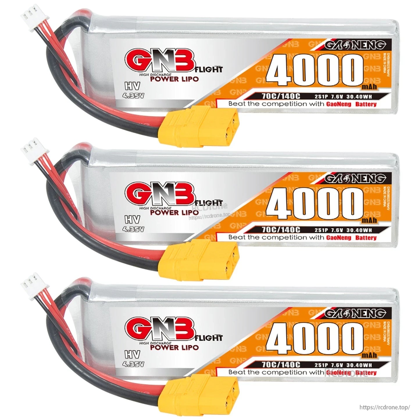 Three 4000mAh 2S LiHV LiPo batteries in a stacked product lineup