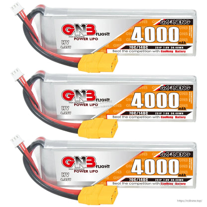 Three 4000mAh 2S LiHV LiPo batteries in a stacked product lineup