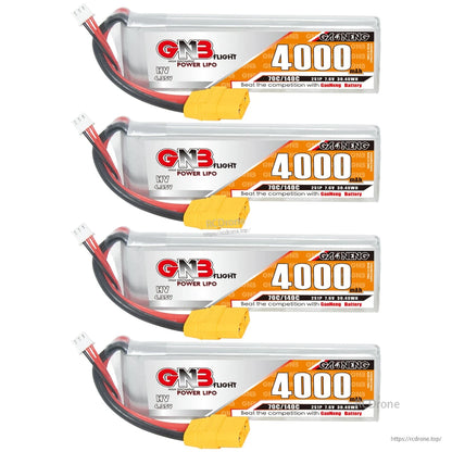 Four 4000mAh 2S LiHV LiPo batteries displayed in a vertical arrangement