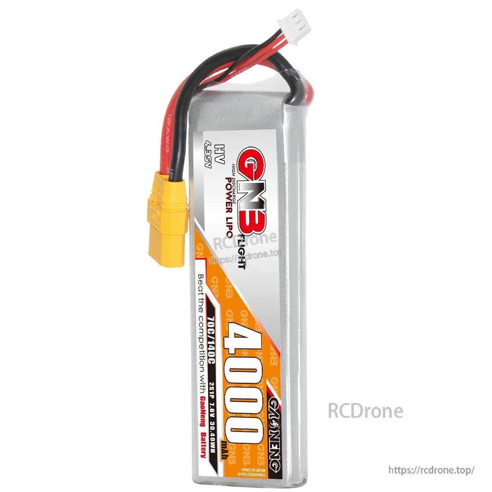 Side profile of 4000mAh 2S LiHV battery with balance lead and XT90 plug