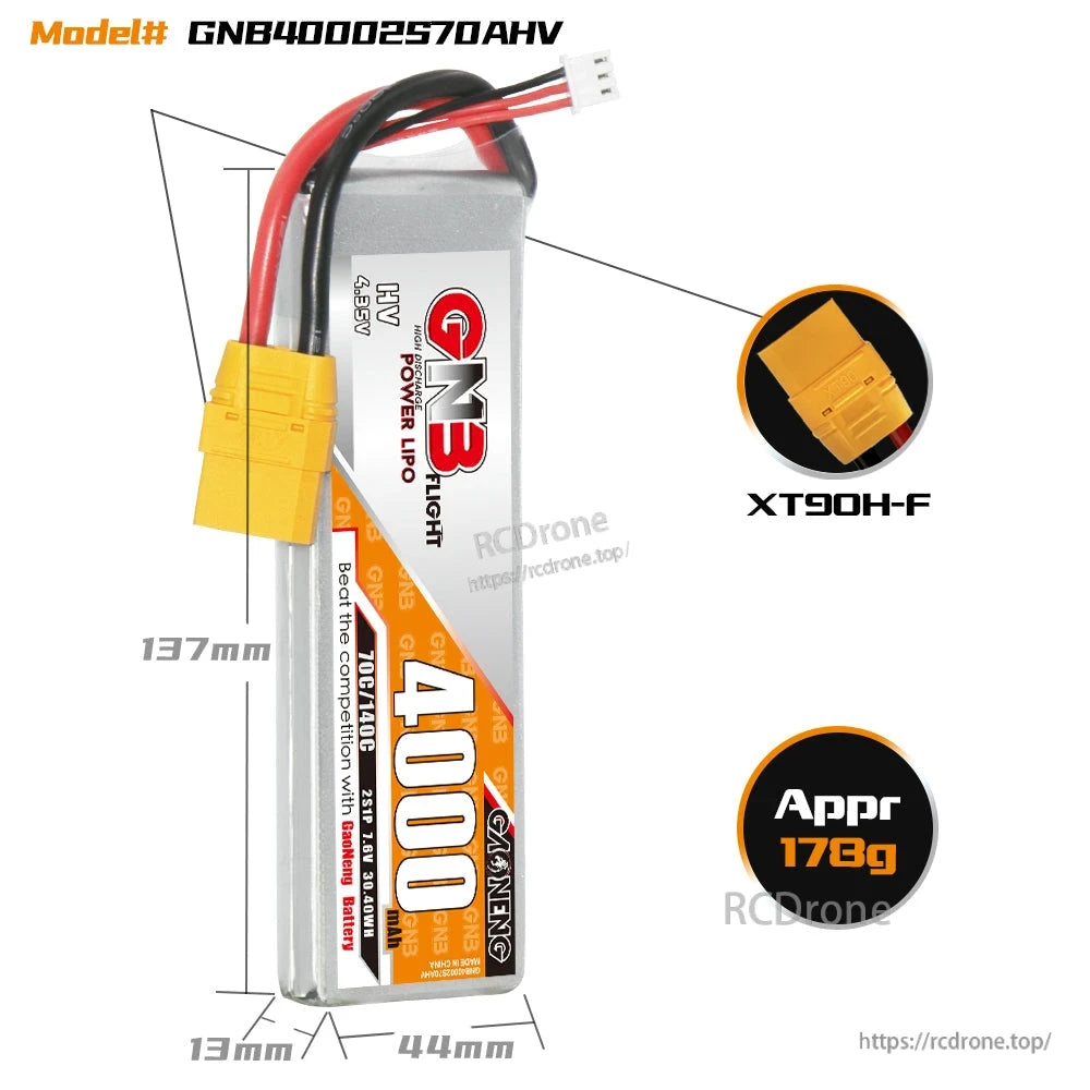 2S 4000mAh LiHV LiPo battery size diagram with XT90H-F connector and approximate 178g weight