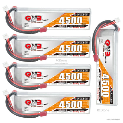 Four horizontal GNB 4500mAh packs plus one vertical pack, showing label and connector placement