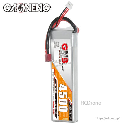 Upright side profile of GNB 4500mAh 2S HV LiPo battery showing wire exit and balance plug