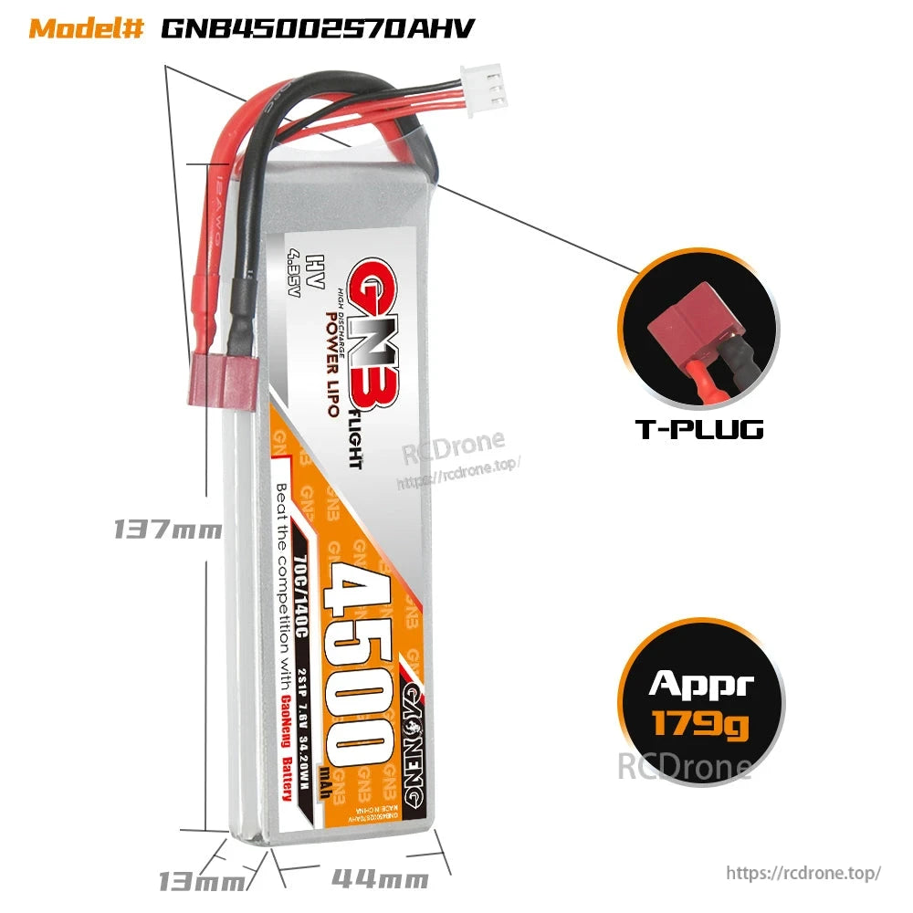 GNB4500 2S HV battery size diagram with dimensions, T-plug connector callout and approx 179g weight