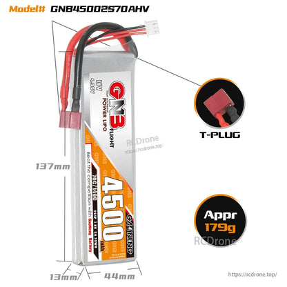 GNB4500 2S HV battery size diagram with dimensions, T-plug connector callout and approx 179g weight