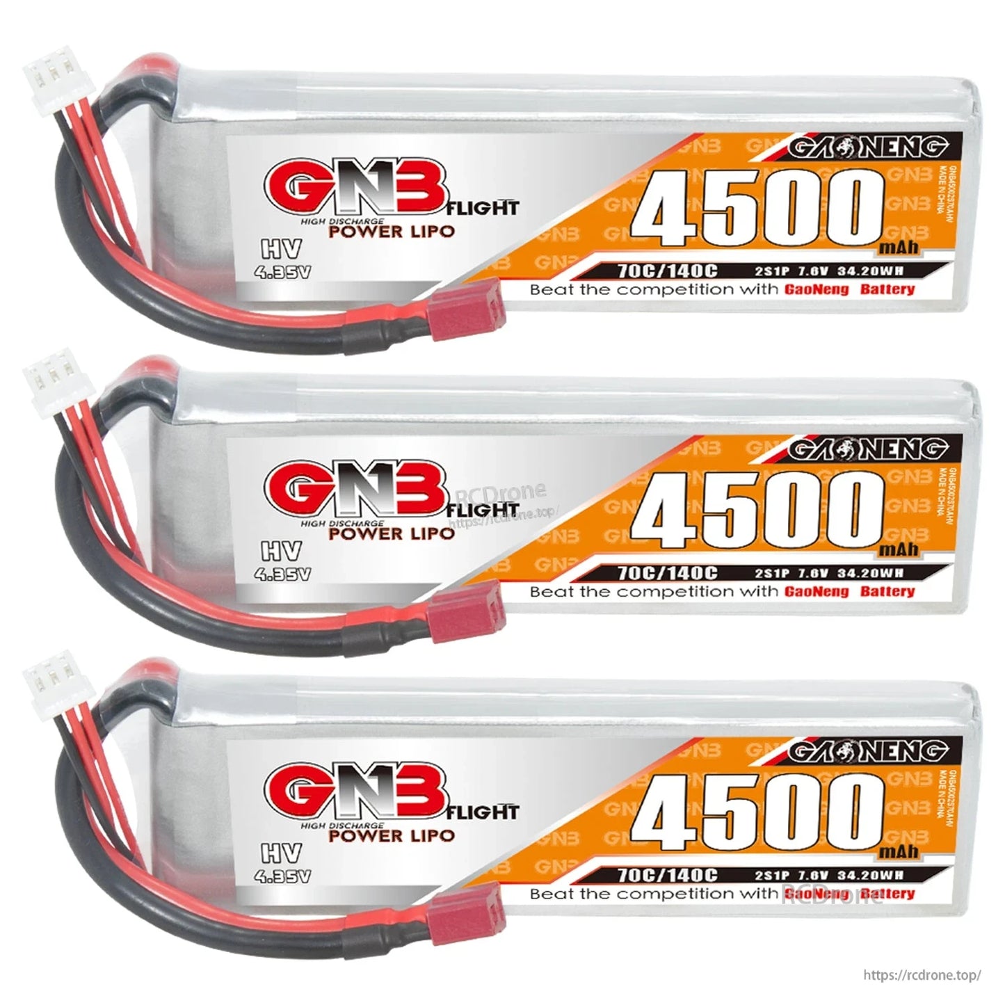 Three GNB 4500mAh 2S HV LiPo batteries lined up, label side with T-plug leads visible