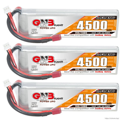 Three GNB 4500mAh 2S HV LiPo batteries lined up, label side with T-plug leads visible