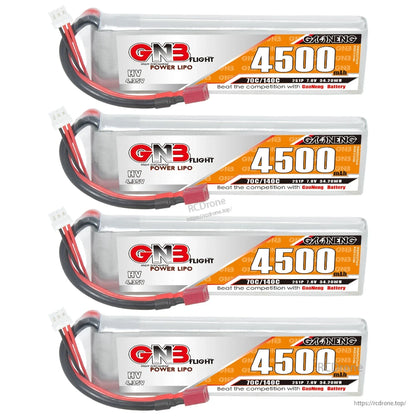 Four GNB 4500mAh LiHV LiPo batteries stacked vertically, showing labels and wiring