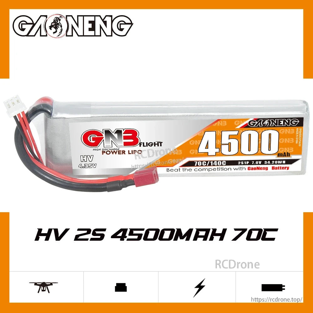 GAONENG GNB 2S 7.6V 4500mAh 70C LiHV LiPo Battery label view, horizontal orientation