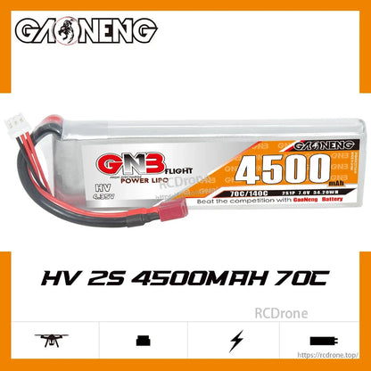 GAONENG GNB 2S 7.6V 4500mAh 70C LiHV LiPo Battery label view, horizontal orientation