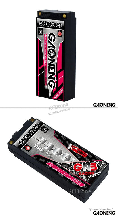 Two-angle collage of GAONENG GNB hardcase battery showing front and angled views