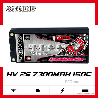 GAONENG GNB HV 2S 7300mAh 150C LiPo battery side profile with spec text graphic