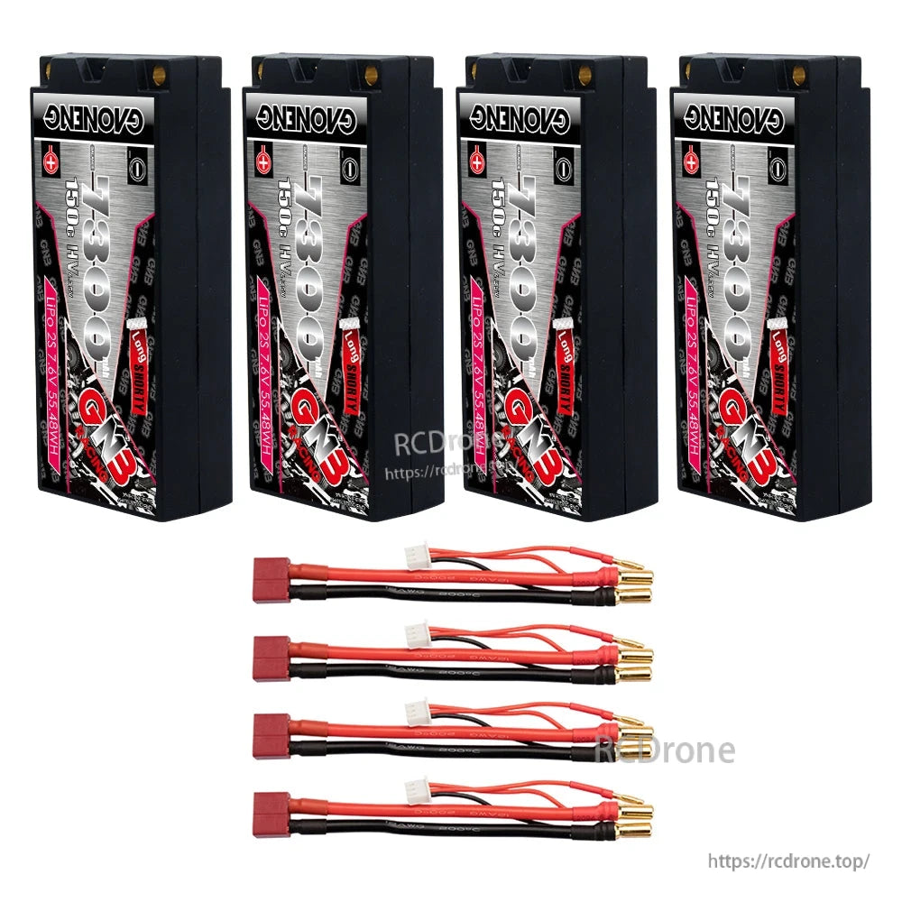 Four batteries with four red T-plug style leads shown as bundle quantity option