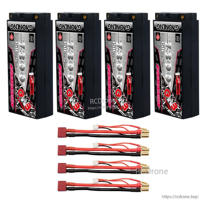 Four batteries with four red T-plug style leads shown as bundle quantity option