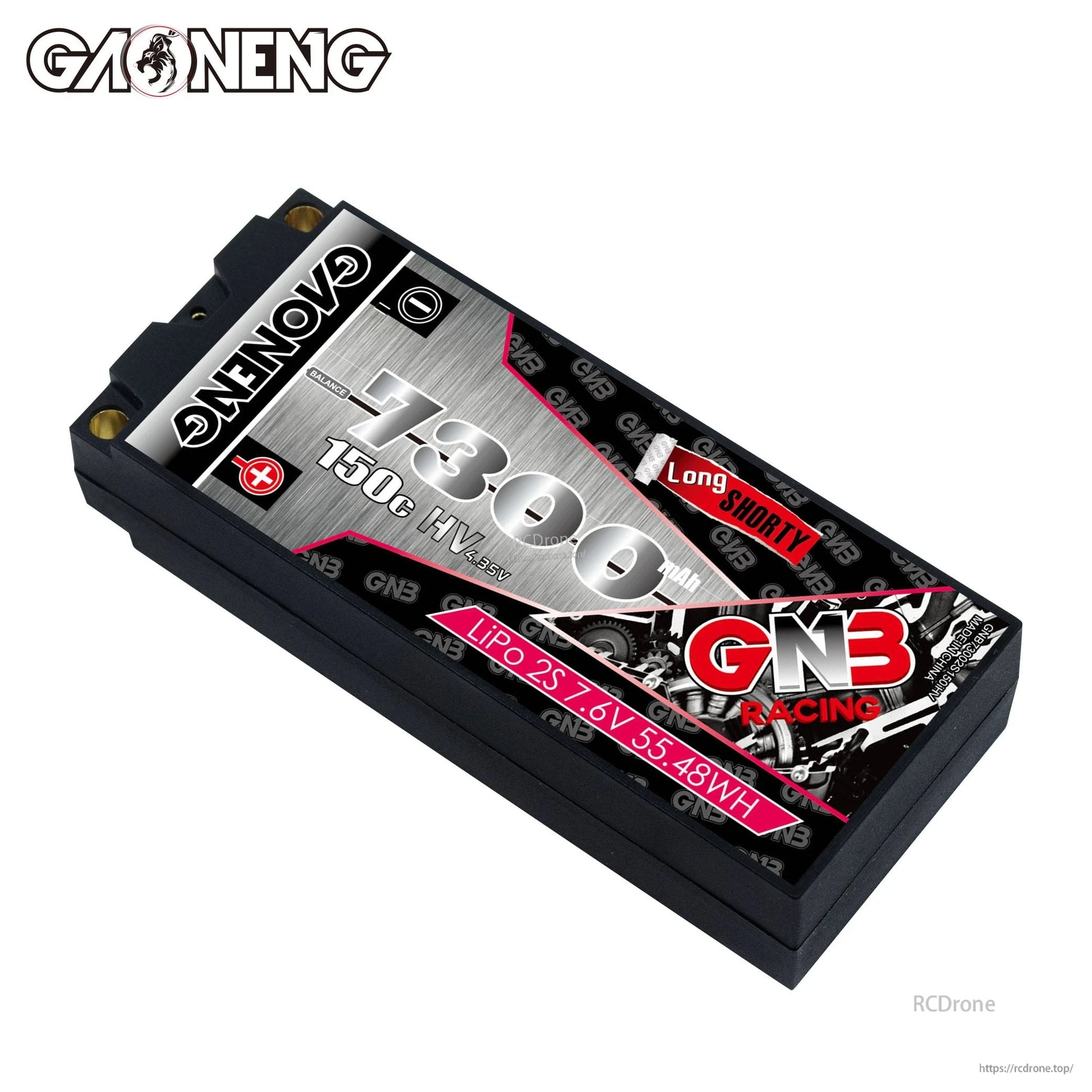 GNB 7300mAh hard case battery angled top view showing low-profile LCG shape and label