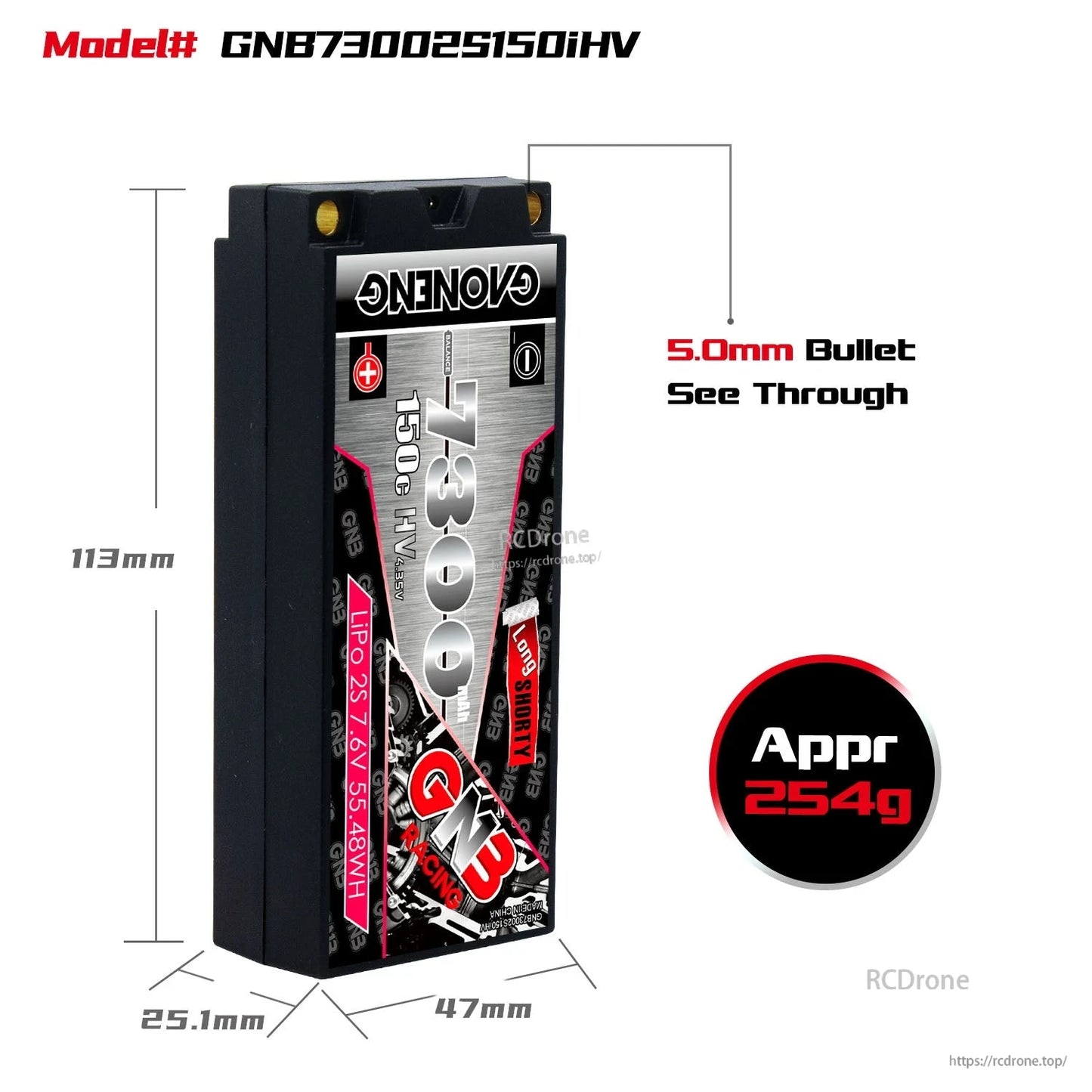 Battery size and weight diagram: 113mm x 47mm x 25.1mm, approx 254g, 5.0mm bullet see-through