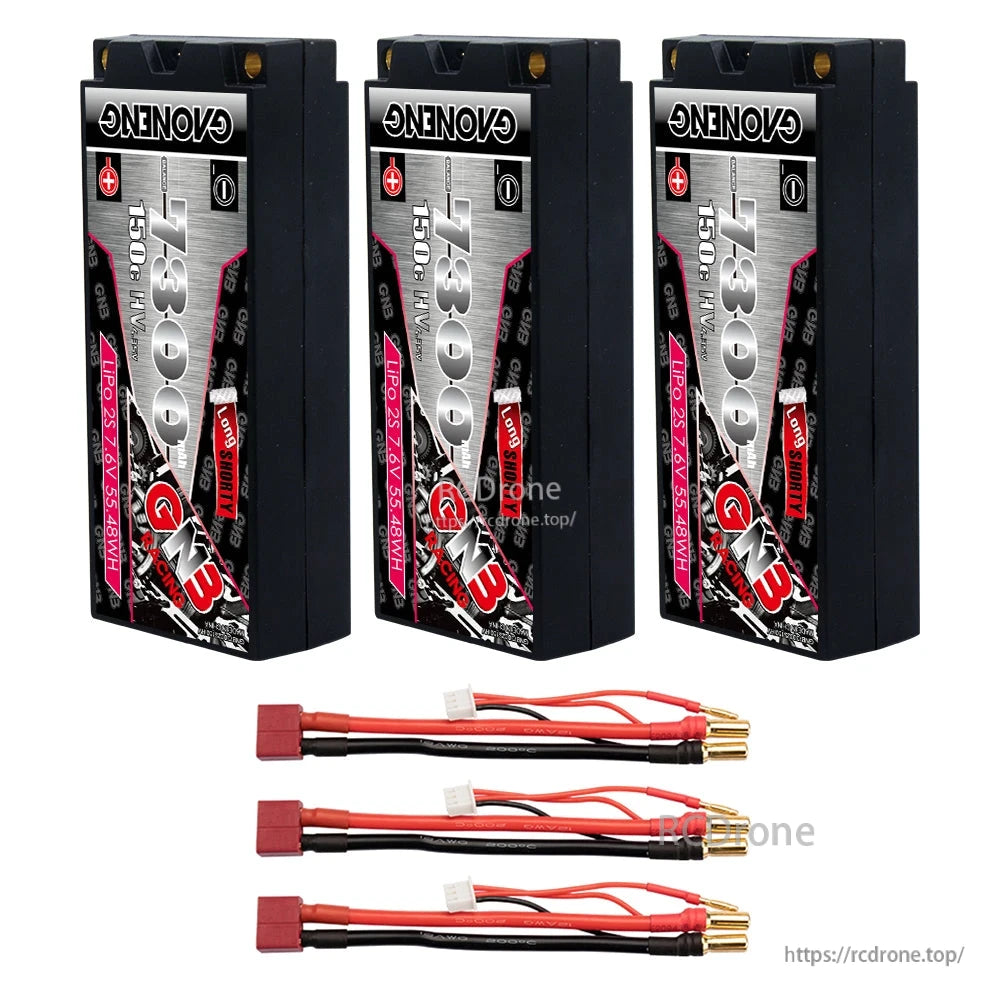 Three batteries with three red T-plug style leads shown as bundle quantity option