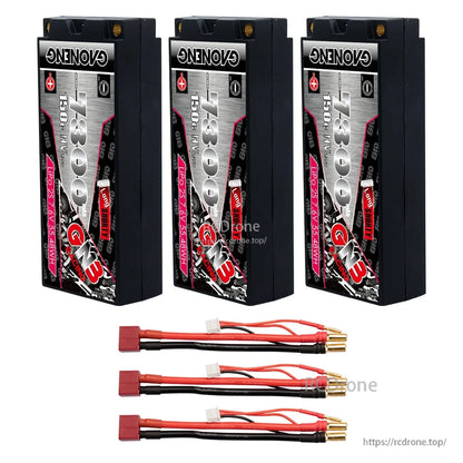 Three batteries with three red T-plug style leads shown as bundle quantity option