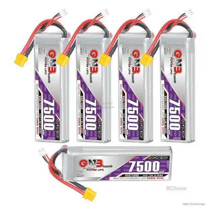 Bundle layout with four vertical GNB 7500 batteries plus one horizontal battery, all with XT60 leads